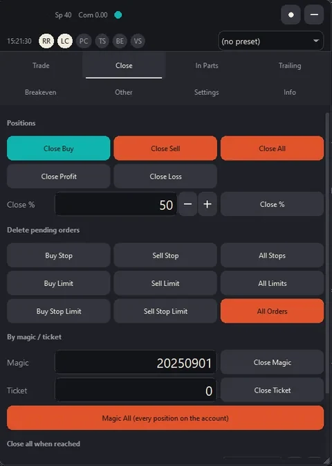 The Close tab: close the buys, the sells or everything, the profitable or losing positions or a percentage, delete pending orders by type, and close by magic number or ticket.