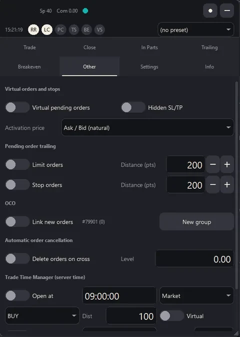 The Other tab: virtual pending orders, hidden stop loss and take profit, pending order trailing, OCO groups, automatic cancellation and the trade time manager.