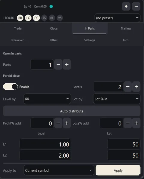 The In Parts tab: partial close with two levels, at 1 R and 2 R reward-to-risk, closing 50 % of the lot at each.