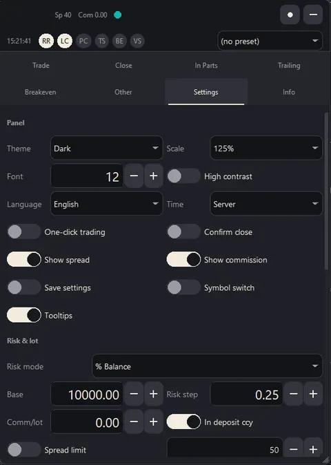 The Settings tab: theme, panel scale, font, language, one-click trading, tooltips and the risk settings.