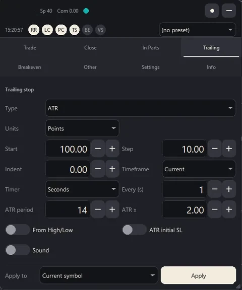 The Trailing tab with the ATR trailing type selected.