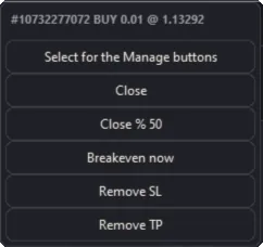 The menu of a position label in EZ: select it for the Manage buttons, close, close 50 percent, breakeven now, remove the stop loss, remove the take profit.