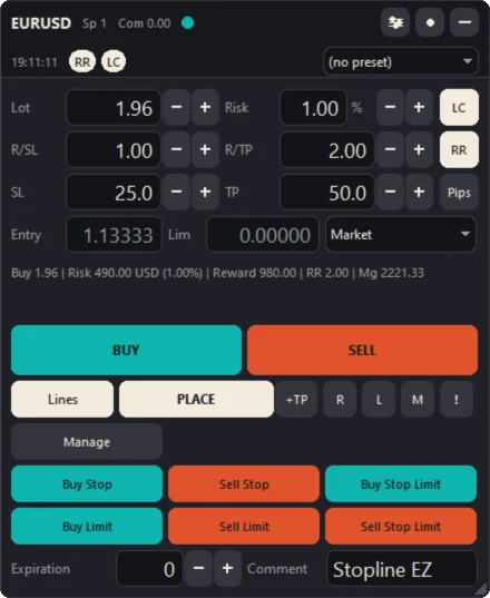 The Stopline Trade Manager EZ window: lot and risk, the reward-to-risk ratio, stop loss and take profit, the order type, Buy and Sell, and the pending-order buttons.