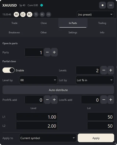 In Parts tab: partial close with two levels, at 1 R and 2 R reward-to-risk, closing 50 % of the lot at each.