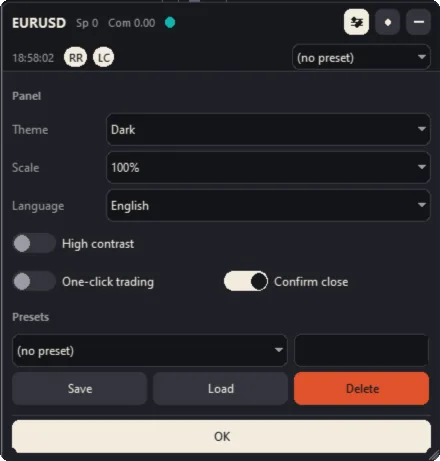 The panel settings (Dark theme)