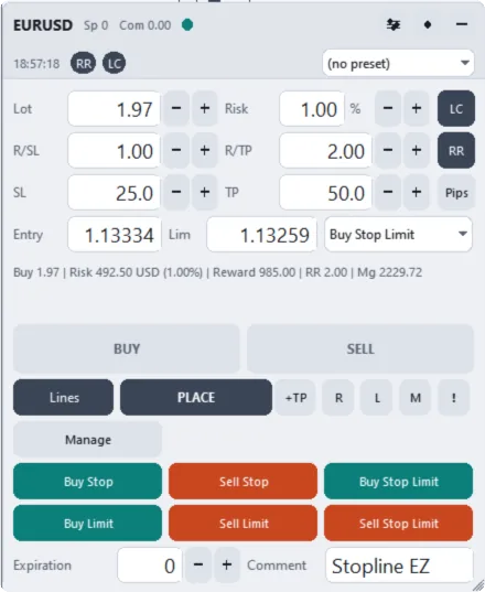 Trade tab: stop limit
