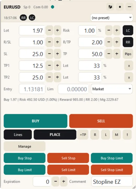 Two take-profit levels: the TP1 and TP2 rows (Light theme)