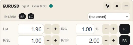 The header: symbol, spread, commission, health dot and the three buttons; clock, chips and presets (Light theme)