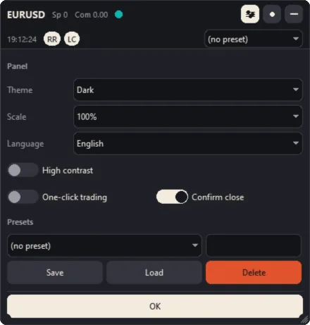 The panel settings (Dark theme)