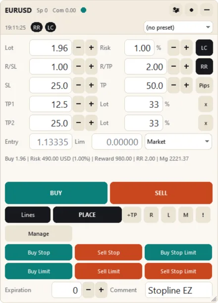 Two take-profit levels: the TP1 and TP2 rows (Light theme)