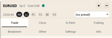 The header: symbol, spread, commission, health dot; clock, function chips and presets; the tabs (Light theme)