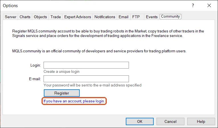 The Community tab of Tools › Options, with the link to the login form highlighted