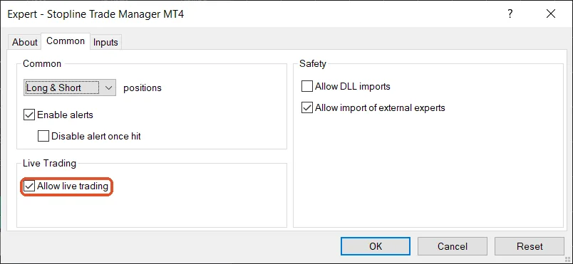 The Common tab: tick Allow live trading