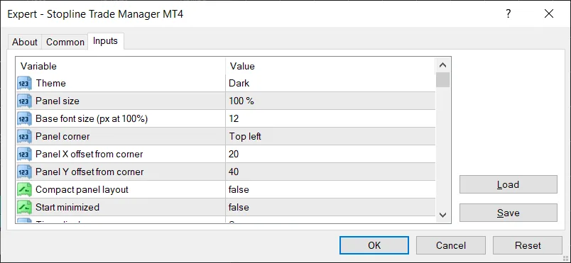 The Inputs tab, starting with the panel inputs