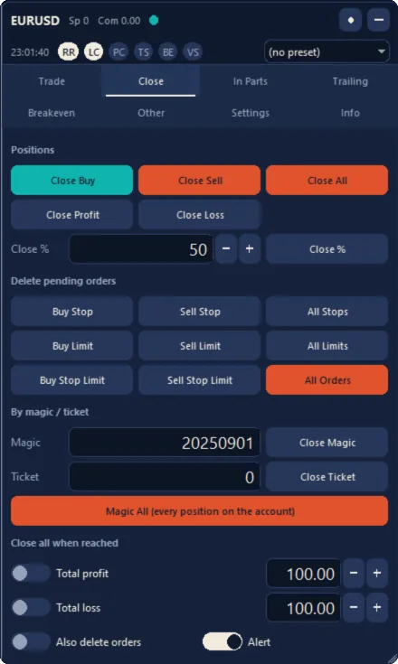 The Close tab (Midnight theme)