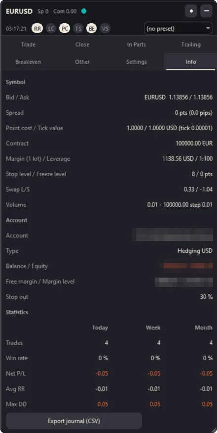 The Info tab (Dark theme; the account number and balance are hidden in this picture)