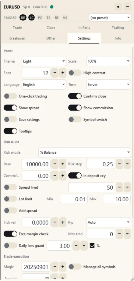Settings tab, part 1