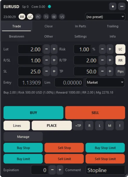 The Trade tab (Dark theme)