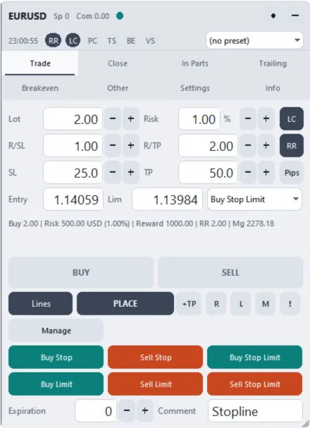 Trade tab: stop limit