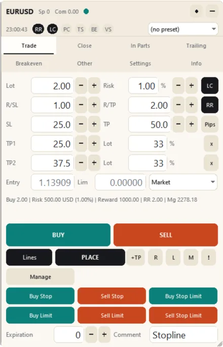 Two take-profit levels: the TP1 and TP2 rows (Light theme)