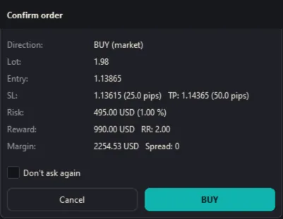 The order confirmation (Dark theme)