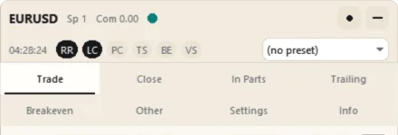 The header: symbol, spread, commission, health dot; clock, function chips and presets; the tabs (Light theme)