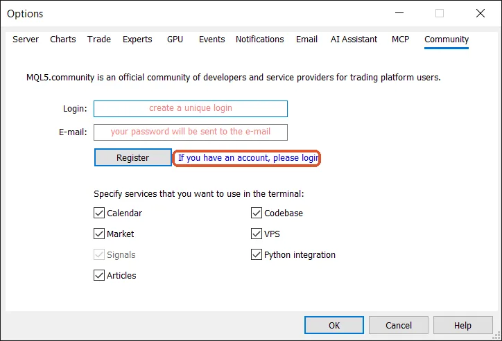 The Community tab of Tools › Options, with the link to the login form highlighted