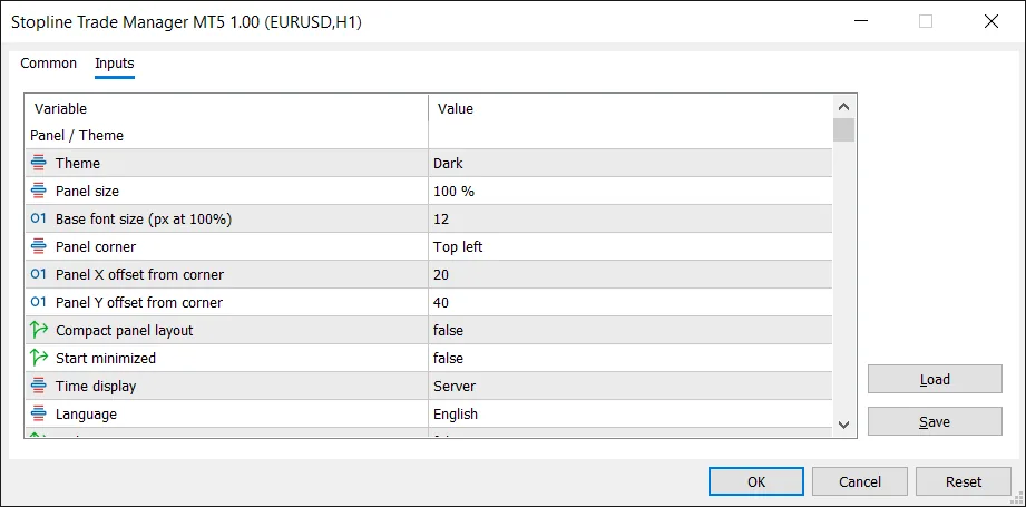 The Inputs tab with the first input group, Panel / Theme