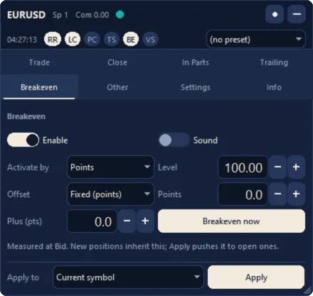 The Breakeven tab (Midnight theme)