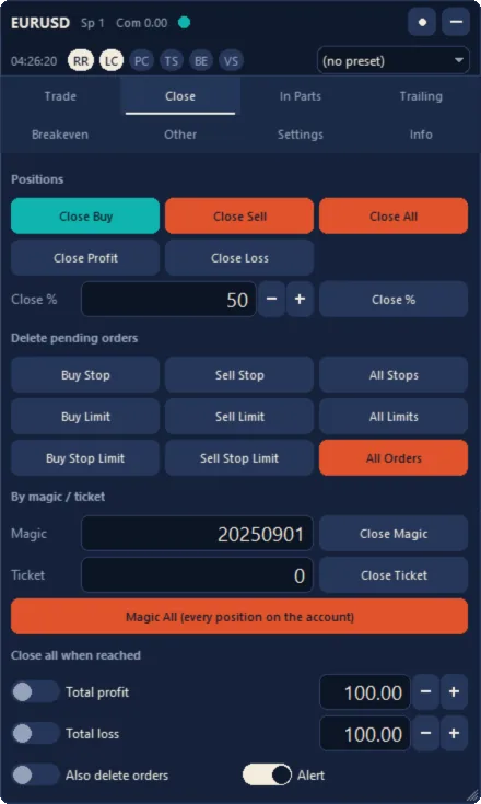 The Close tab (Midnight theme)