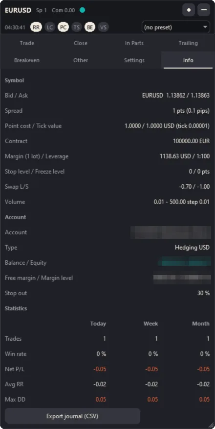 The Info tab (Dark theme; the account number and balance are hidden in this picture)