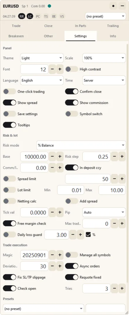 Settings tab, part 1