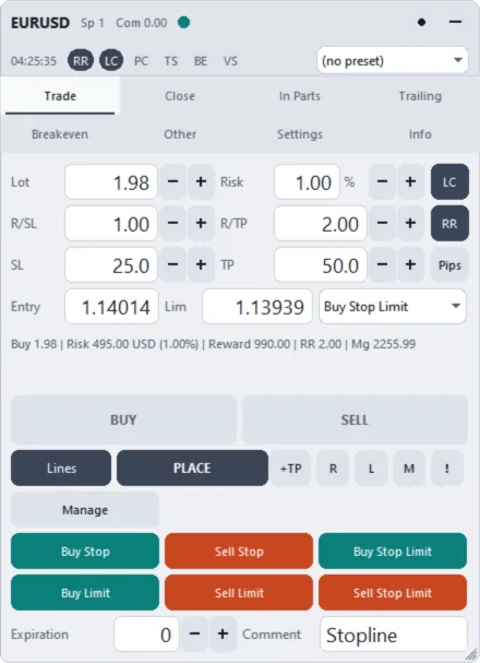 Trade tab: stop limit