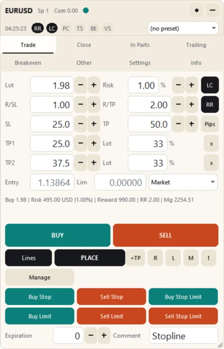 Two take-profit levels: the TP1 and TP2 rows (Light theme)